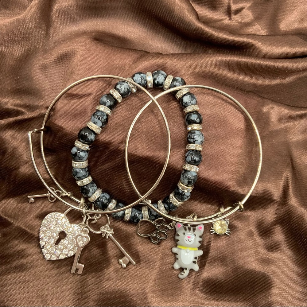 Set of 3 Handmade Black Silver Two Bangles One Beaded Bracelets